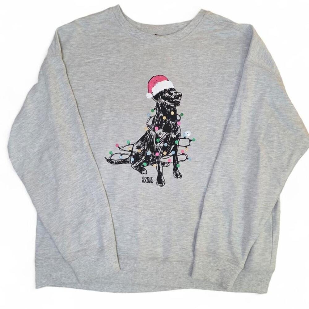 Eddie Bauer Gray Christmas Dog Sweatshirt Sparkly Santa Hat Lights XL NWOT